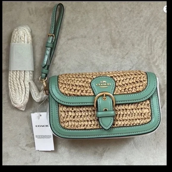 NWT NEW PRISTINE! *Coach* Seagrass Green Leather Crossbody Straw Summer Chain